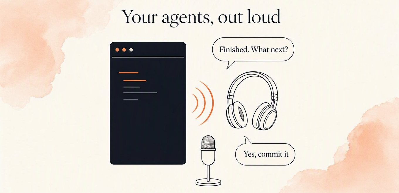 Illustration: a terminal speaks “Finished. What next?” into a pair of headphones, answered at a microphone with “Yes, commit it”