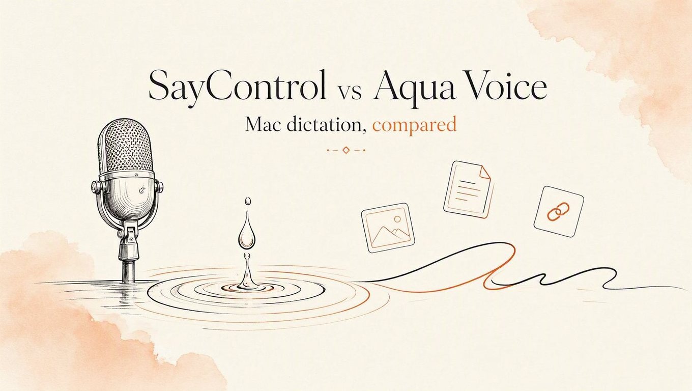 SayControl vs Aqua Voice, Mac dictation compared: a drop falls in front of a microphone and its ripples run into a line of writing, with a photo, a document and a link rising from it