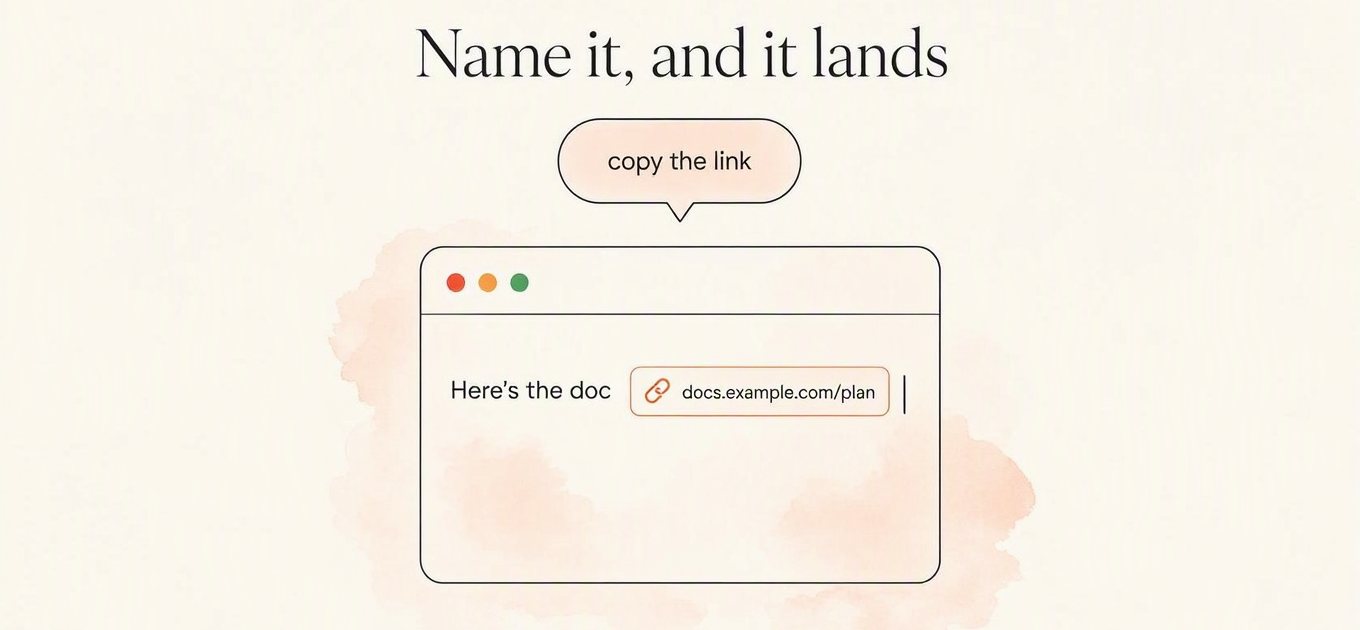Illustration: a chat message reading “Here’s the doc” with a link dropped into it, after saying “copy the link”