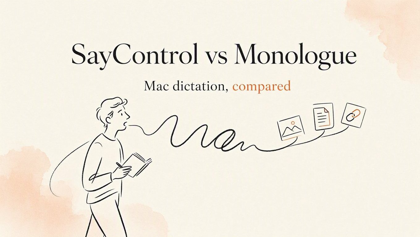 SayControl vs Monologue, Mac dictation compared: a person walks and thinks out loud with a notebook in hand, their words trailing into a line of writing with a photo, a document and a link lifting from it