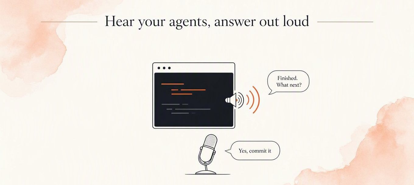Illustration: a terminal speaking “Finished. What next?” through a speaker, answered at a microphone with “Yes, commit it”