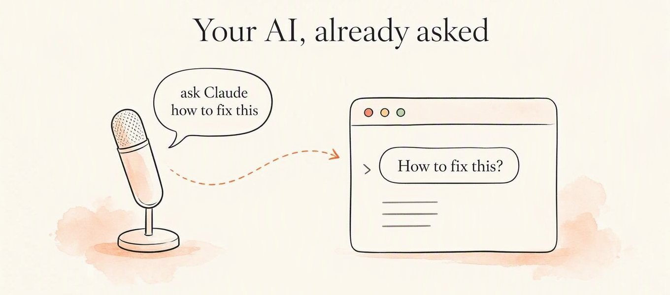 Illustration: saying “ask Claude how to fix this” opens a chat window with “How to fix this?” already asked
