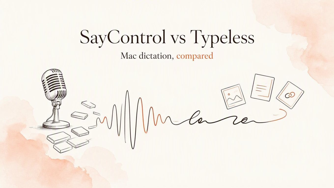 SayControl vs Typeless, Mac dictation compared: keyboard keys drift away into a sound wave beside a microphone, and the wave becomes a line of writing with a photo, a document and a link rising from it
