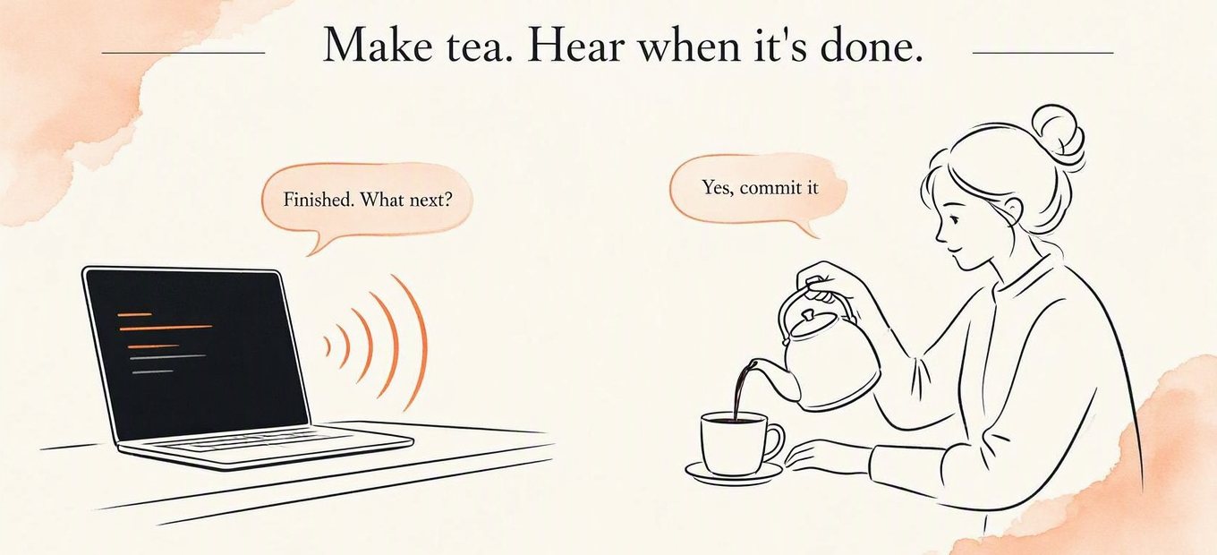 Illustration: a laptop on a kitchen counter says “Finished. What next?” aloud to someone pouring tea, who answers “Yes, commit it”
