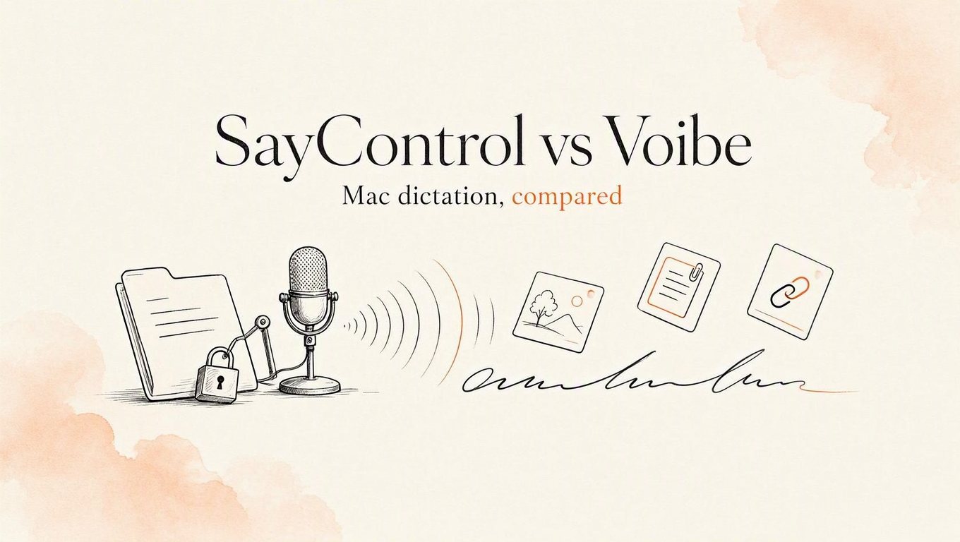 SayControl vs Voibe, Mac dictation compared: a closed folder with a padlock beside a microphone whose sound wave becomes a line of writing, with a photo, a document and a link rising from it