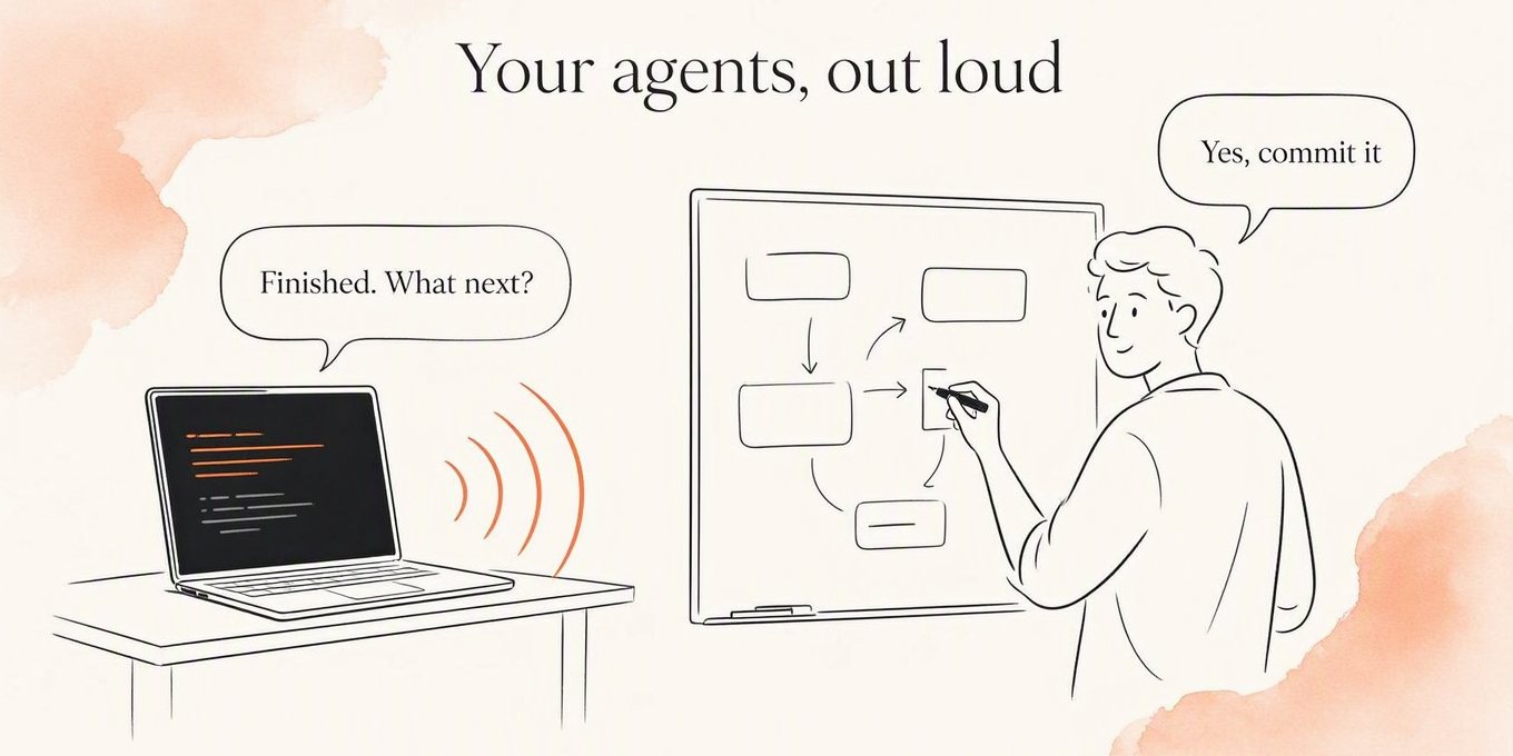 Illustration: a laptop running a coding agent says “Finished. What next?” aloud to someone at a whiteboard, who answers “Yes, commit it”