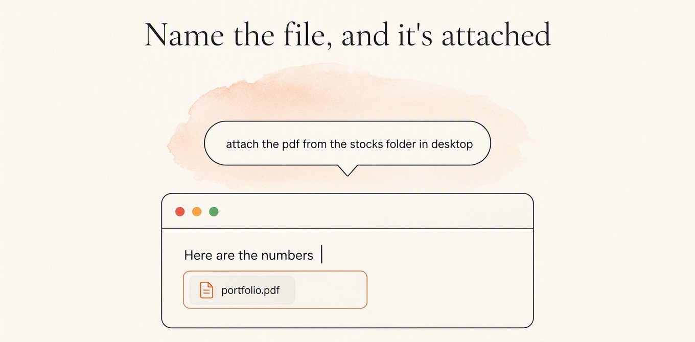 Illustration: a message reading “Here are the numbers” with portfolio.pdf attached, after saying “attach the pdf from the stocks folder in desktop”