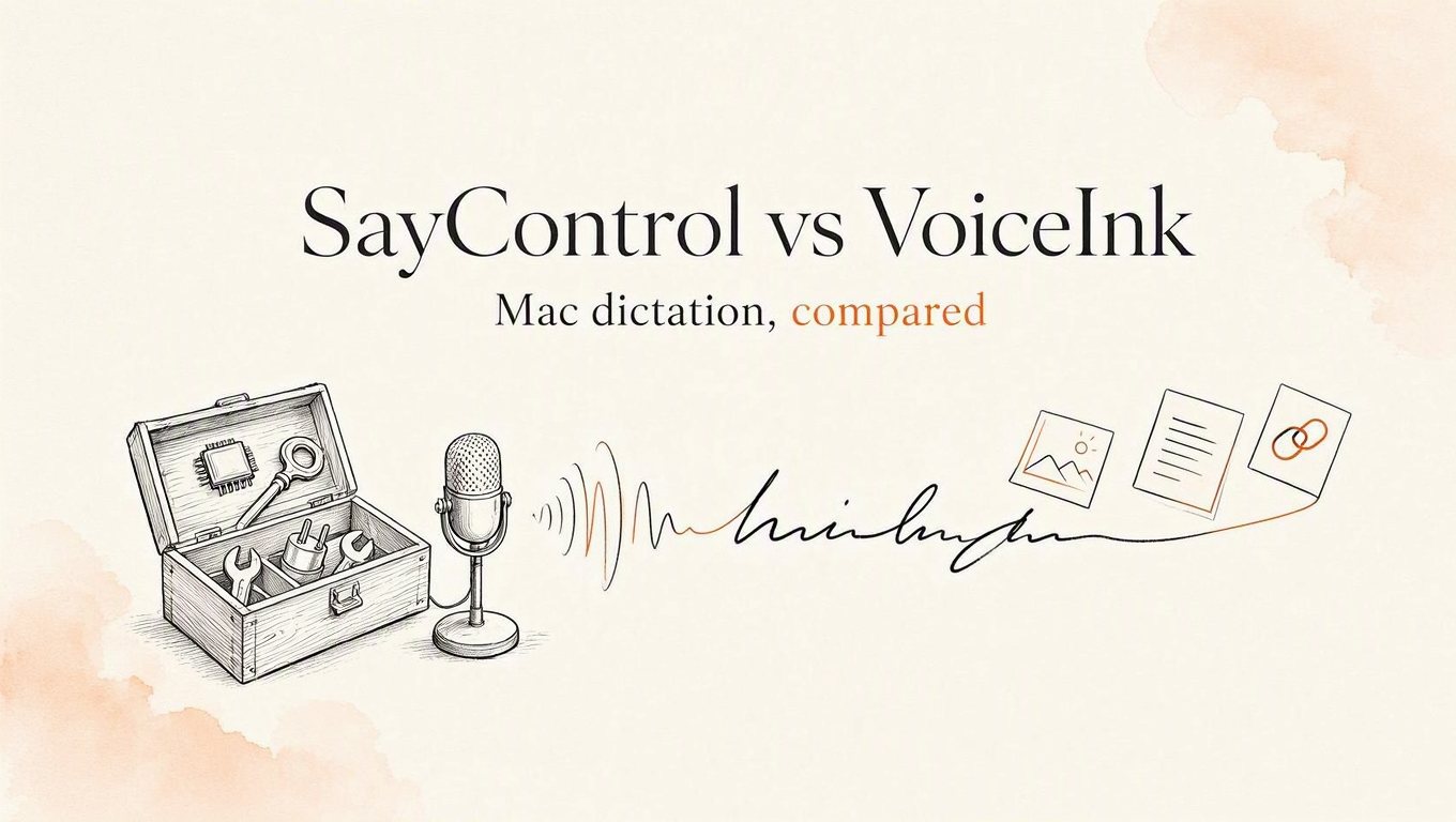 SayControl vs VoiceInk, Mac dictation compared: an open toolbox of small parts beside a microphone whose sound wave becomes a line of writing, with a photo, a document and a link rising from it