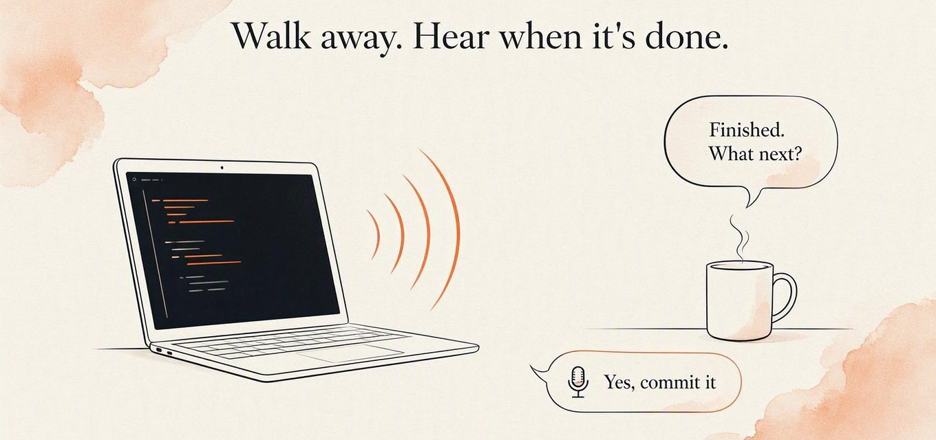 Illustration: a laptop running a coding agent calls out “Finished. What next?” across the room to a coffee mug, answered with “Yes, commit it”
