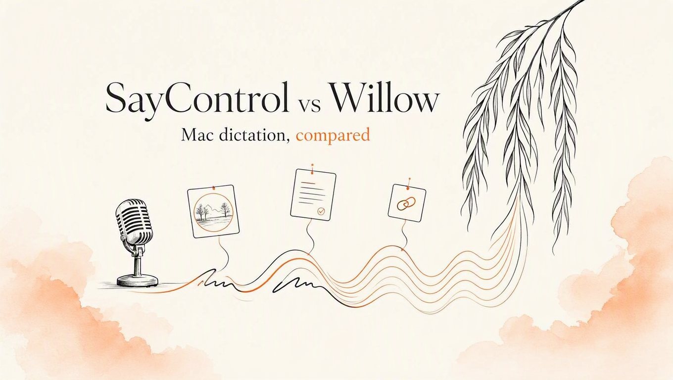 SayControl vs Willow, Mac dictation compared: willow fronds falling as sound waves into a line of writing, with a photo, a document and a link lifting from it