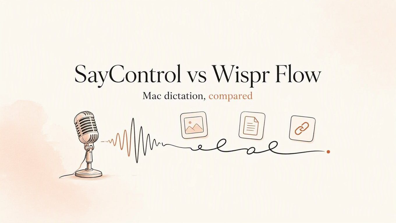 SayControl vs Wispr Flow, Mac dictation compared: a microphone whose waveform turns into a line of writing, with a photo, a document and a link rising from it